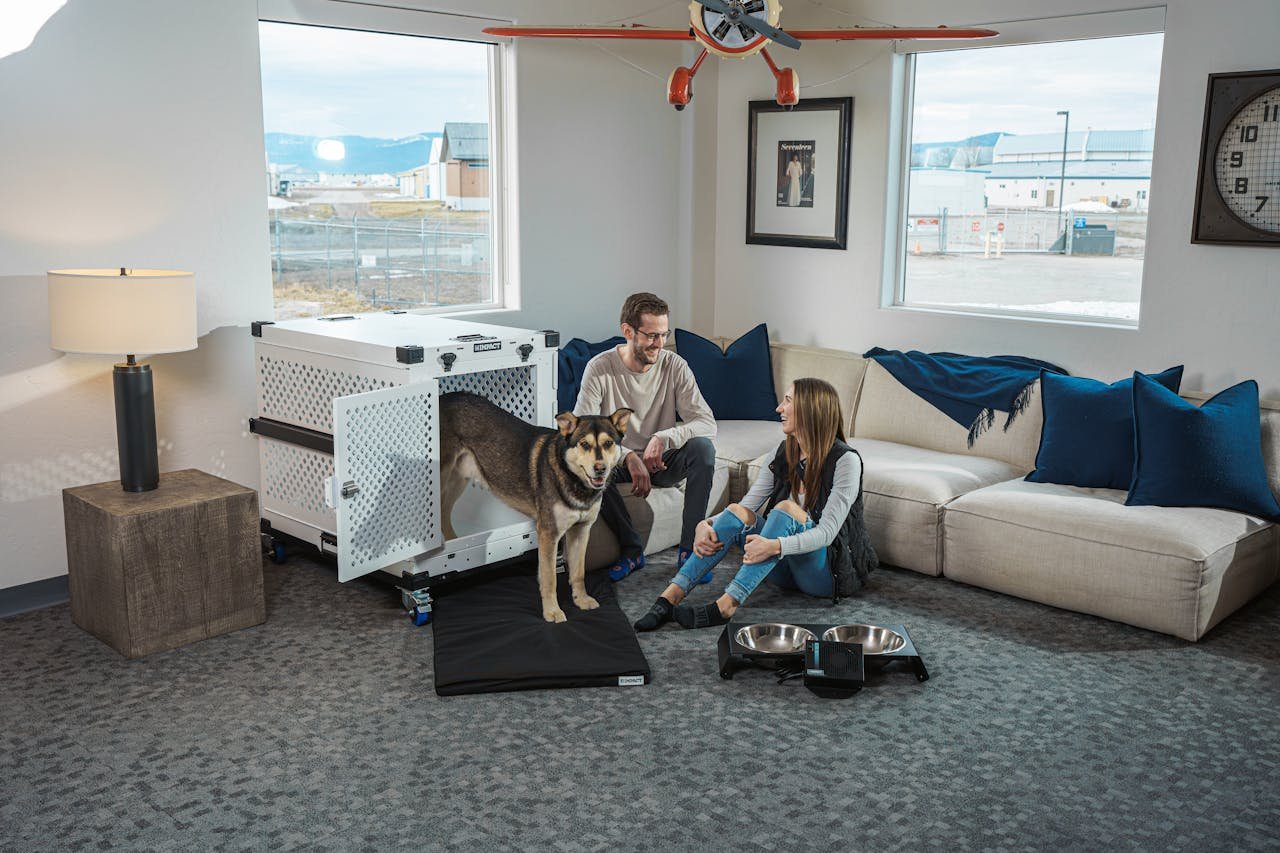 social-feed-img-03 A couple relaxing with their dog in a modern living room setting, emphasizing comfort and pet safety.
