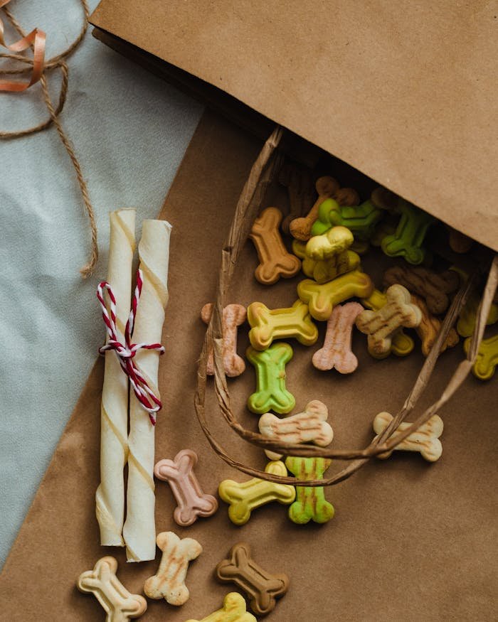 social-feed-img-05 Aesthetic still life of colorful dog bone treats and rawhide chews spilling from a kraft paper bag, arrayed on a soft fabric.